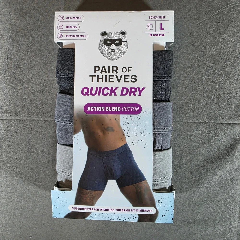 Pair of Thieves Men Quick Dry Boxer Briefs 3 Pack Grey Action Blend Cotton Large